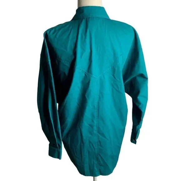 Vintage 80s H Bar C Embellished Western Shirt M Green Long Sleeve Rhinestone - Picture 4 of 6